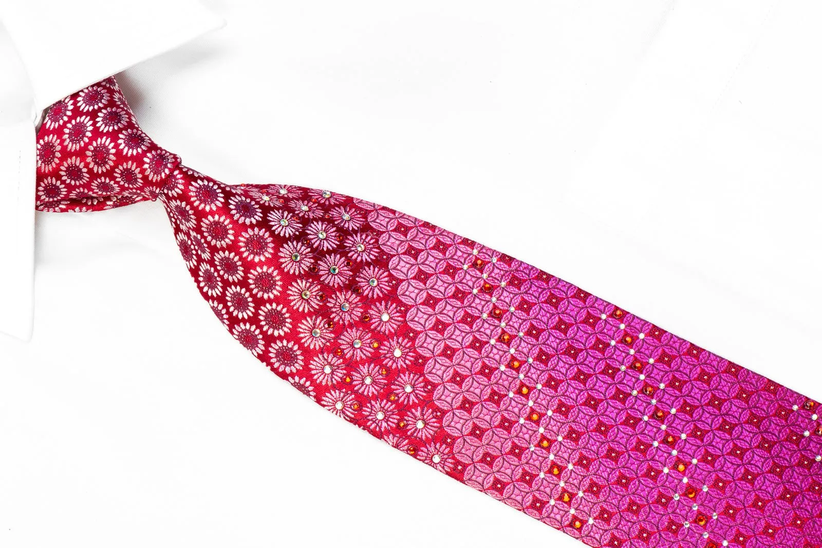 Elegance Rhinestone Necktie Silver Purple Floral Geometric On Red With Sparkles