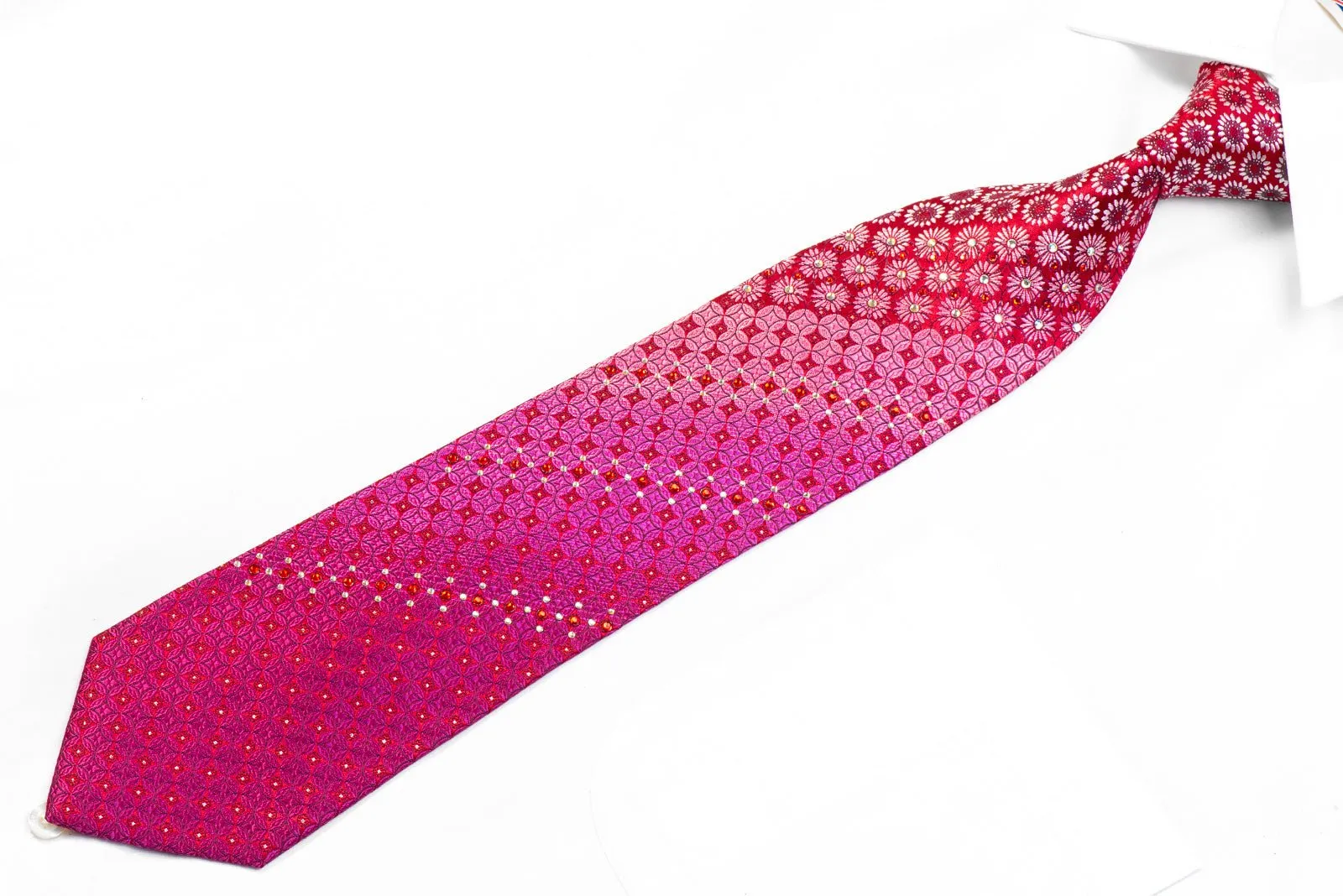 Elegance Rhinestone Necktie Silver Purple Floral Geometric On Red With Sparkles