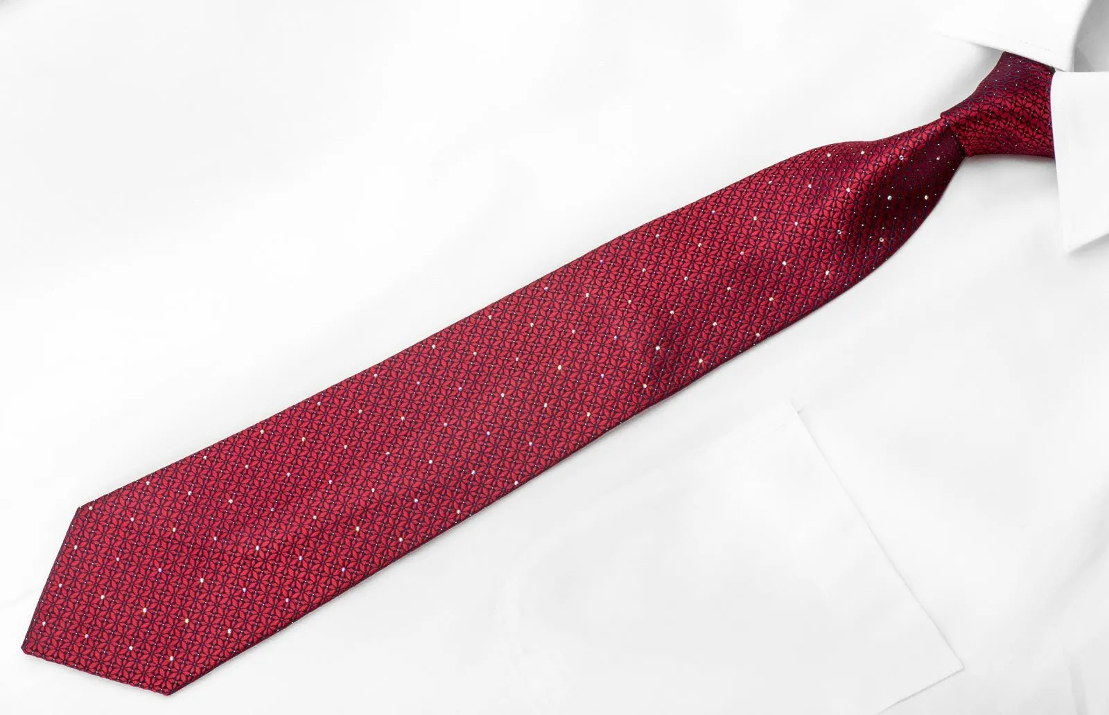 Elle Homme Men's Crystal Rhinestone Necktie Burgundy Geometric Floral On Navy Silk With Sparkles