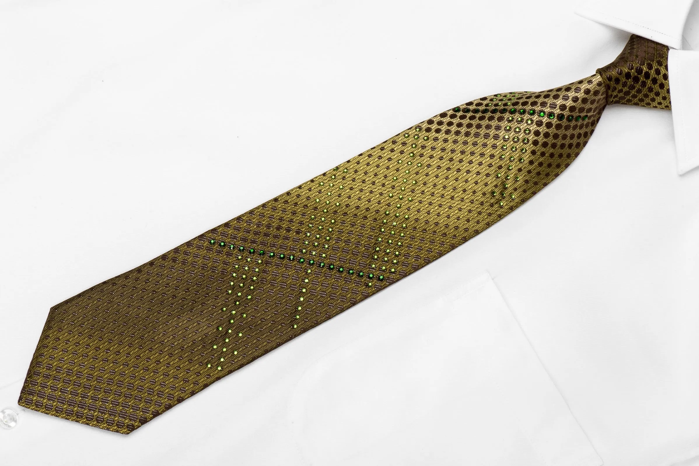 Elle Homme Men's Crystal Silk Tie Geometric Circles On Olive Green With Silver Sparkles