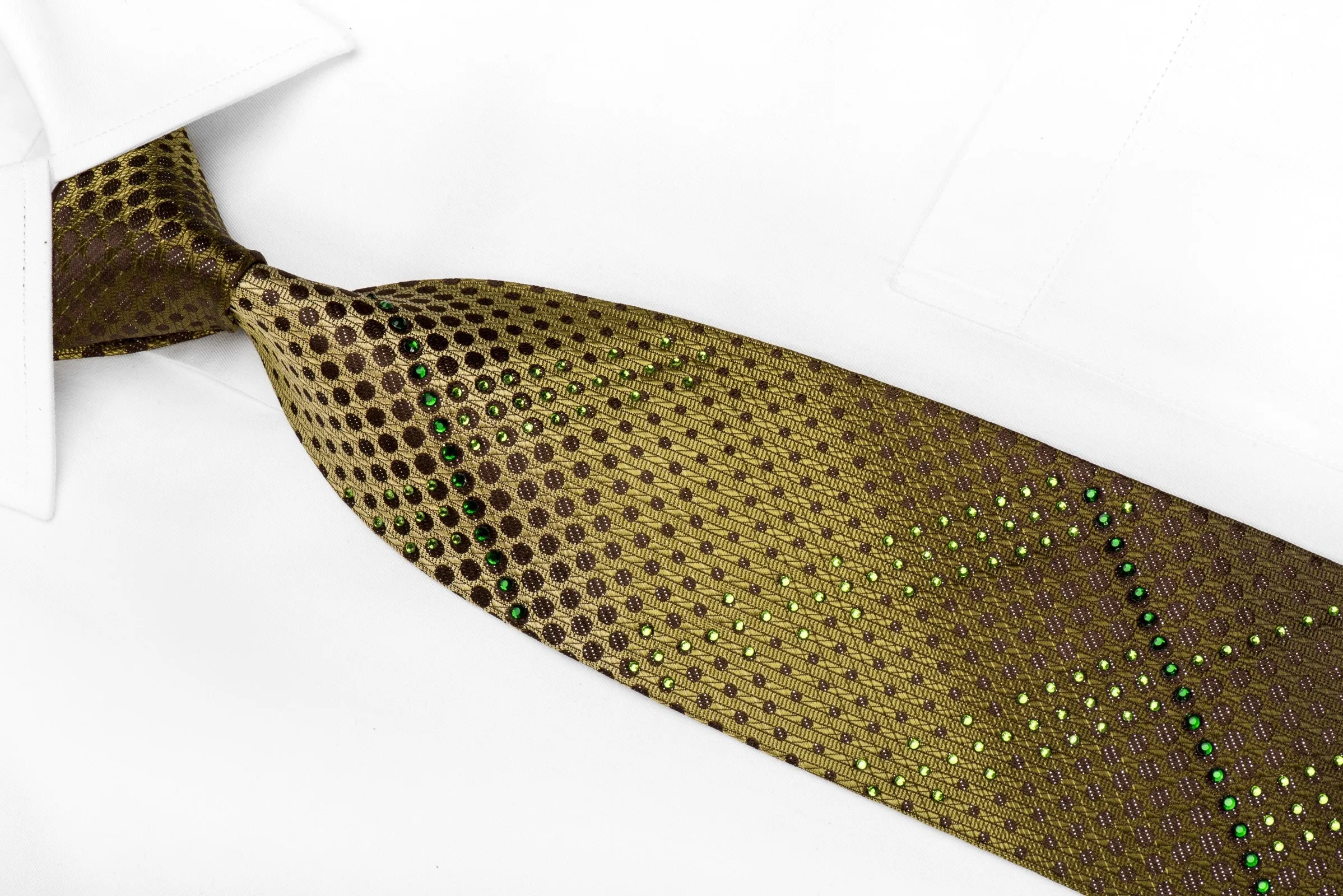 Elle Homme Men's Crystal Silk Tie Geometric Circles On Olive Green With Silver Sparkles