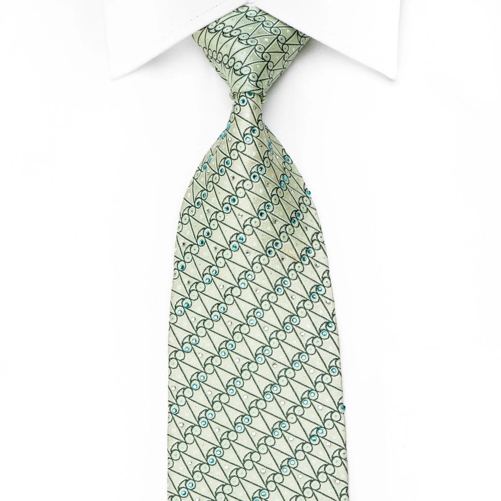 Elle Homme Men's Crystal Silk Tie Geometric On Pale Green With Silver Sparkles