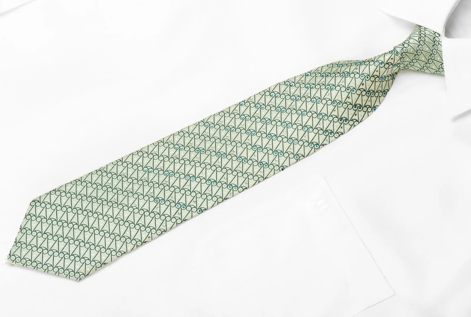 Elle Homme Men's Crystal Silk Tie Geometric On Pale Green With Silver Sparkles