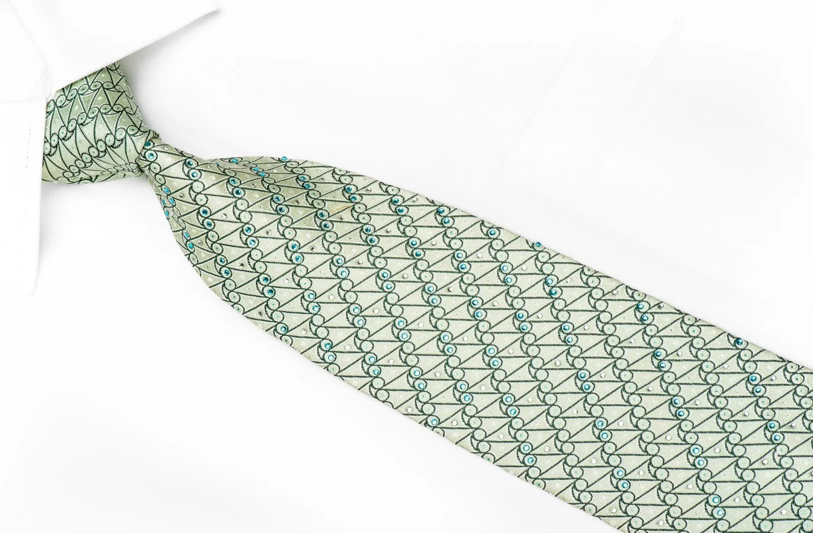 Elle Homme Men's Crystal Silk Tie Geometric On Pale Green With Silver Sparkles