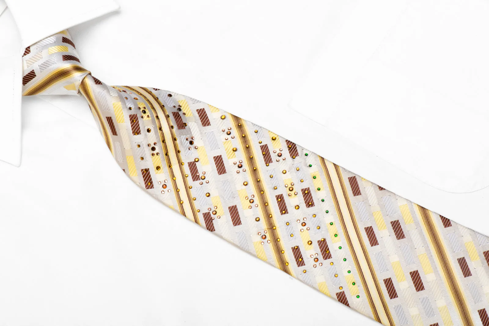 Fasion Top Rhinestone Silk Necktie Yellow Brown Striped On Cream White With Sparkles