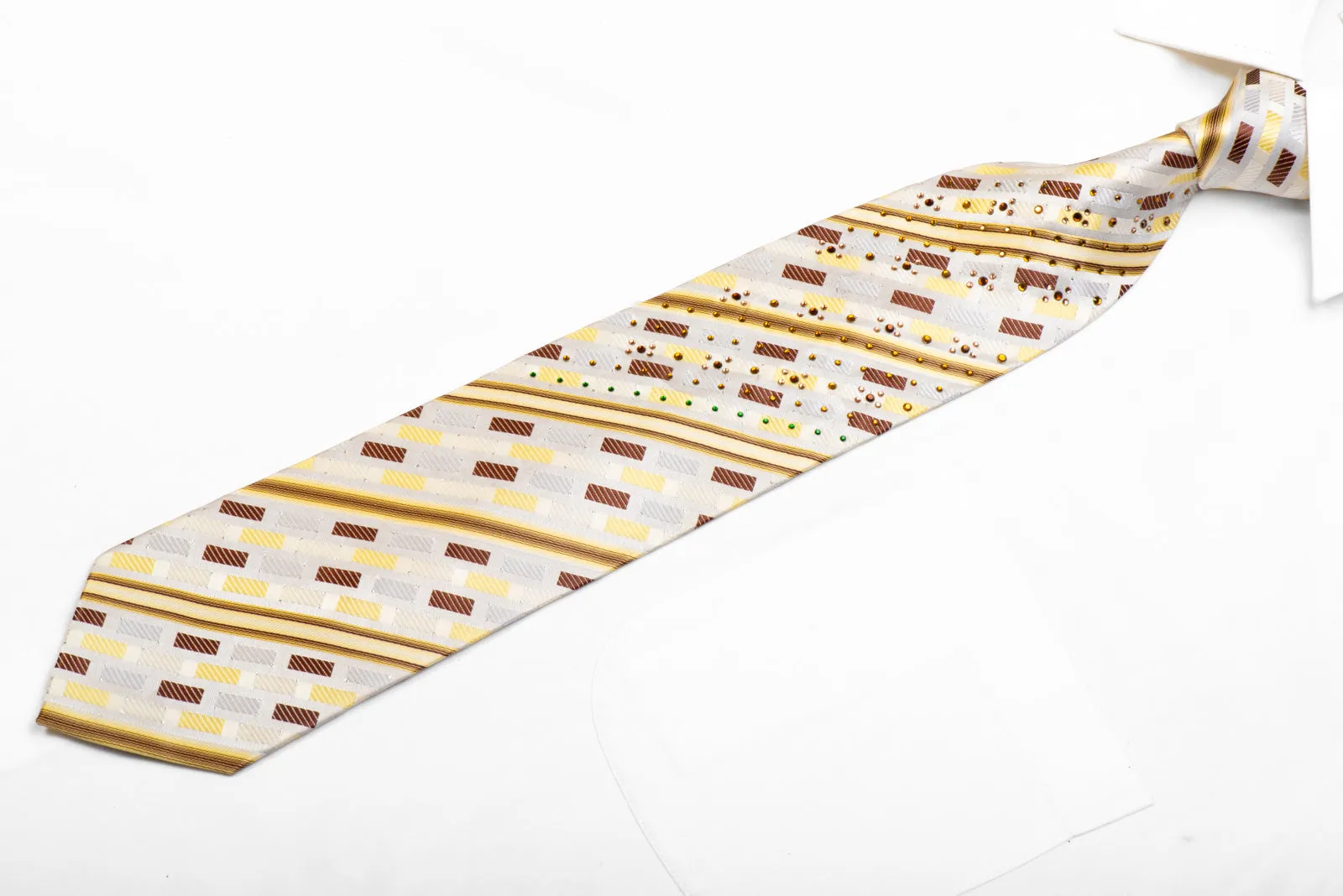 Fasion Top Rhinestone Silk Necktie Yellow Brown Striped On Cream White With Sparkles