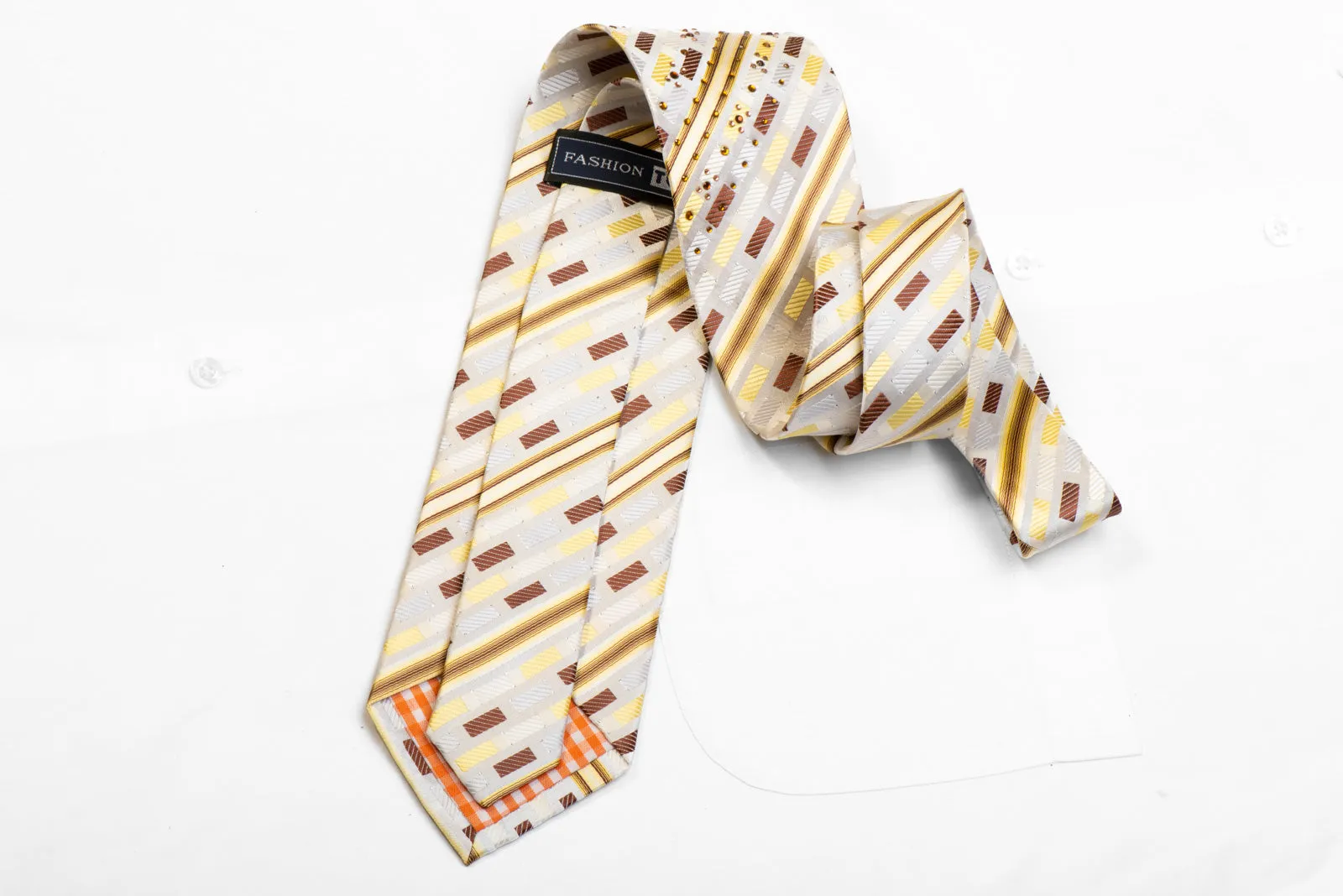 Fasion Top Rhinestone Silk Necktie Yellow Brown Striped On Cream White With Sparkles