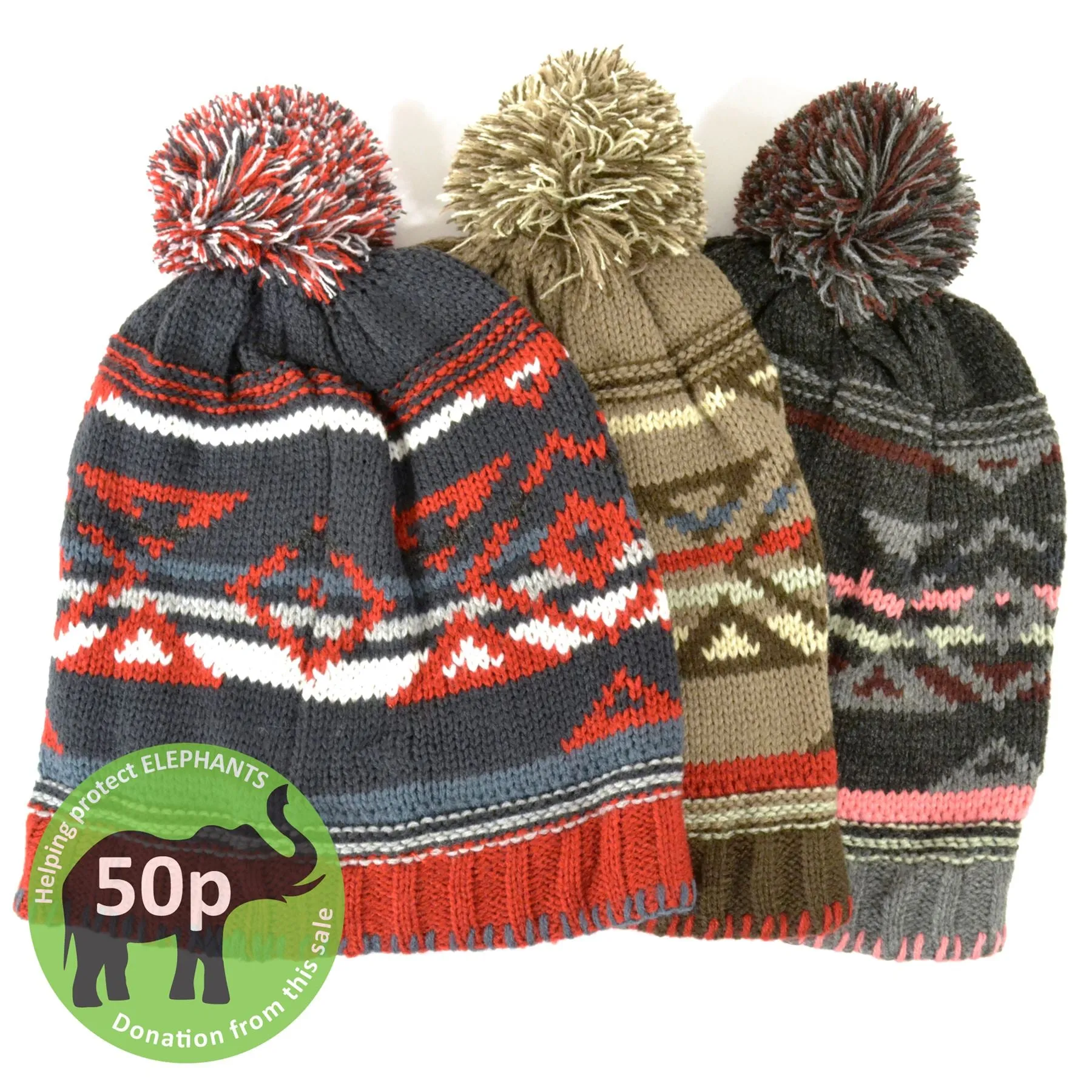 Fine knit aztec pattern beanie bobble hat - Brown