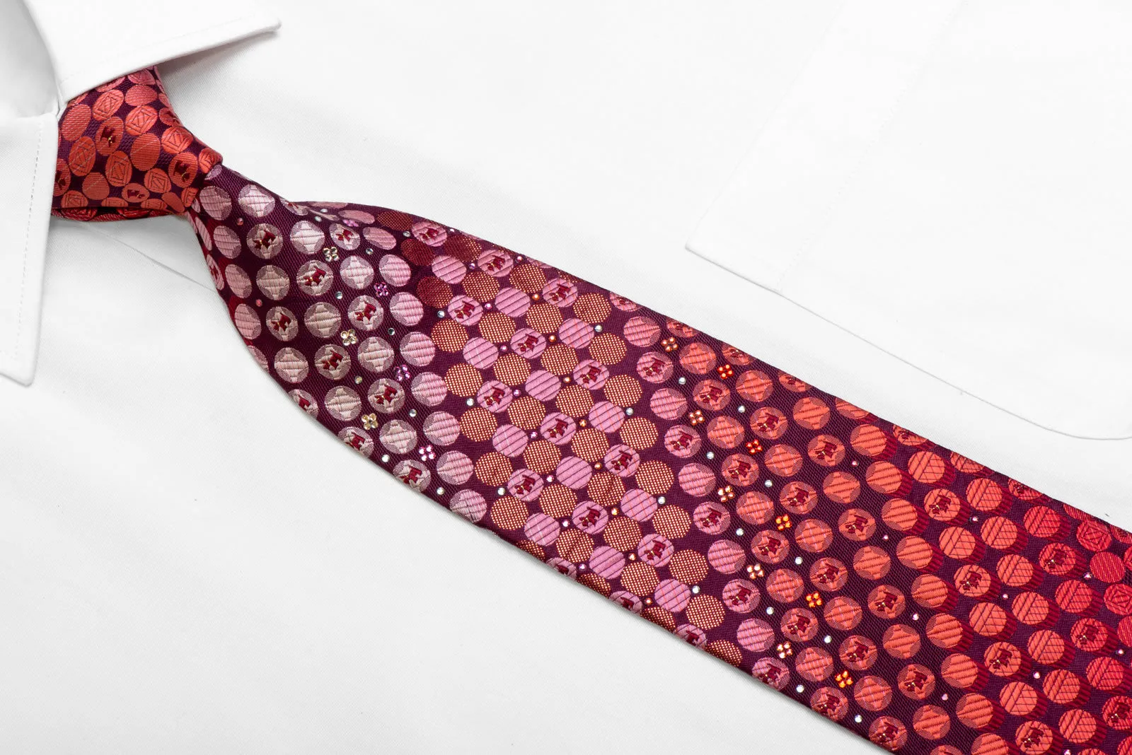 Geometric Circles & Scotty Dogs On Burgundy Rhinestone Silk Necktie With Sparkles