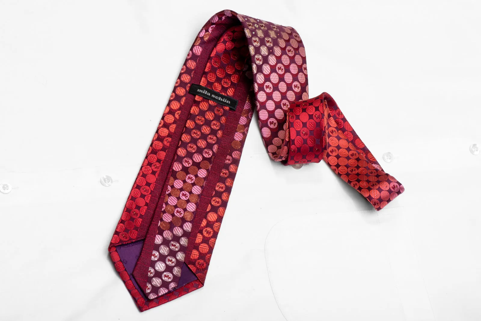 Geometric Circles & Scotty Dogs On Burgundy Rhinestone Silk Necktie With Sparkles