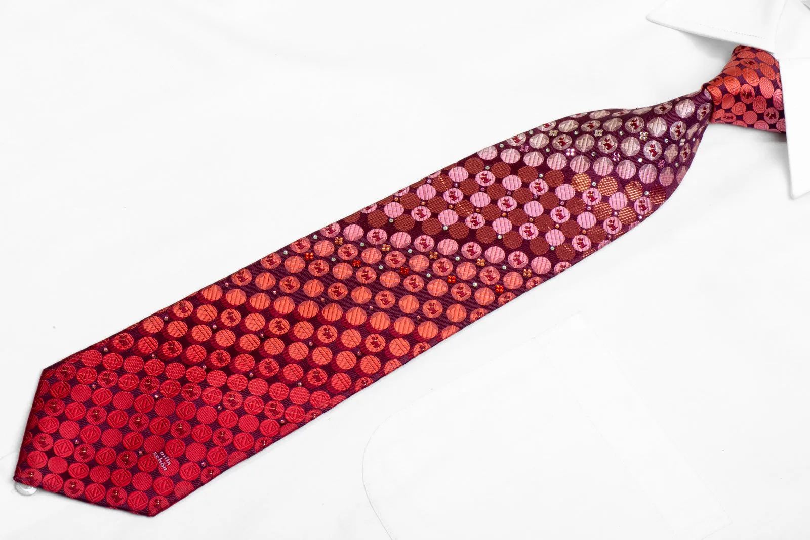 Geometric Circles & Scotty Dogs On Burgundy Rhinestone Silk Necktie With Sparkles