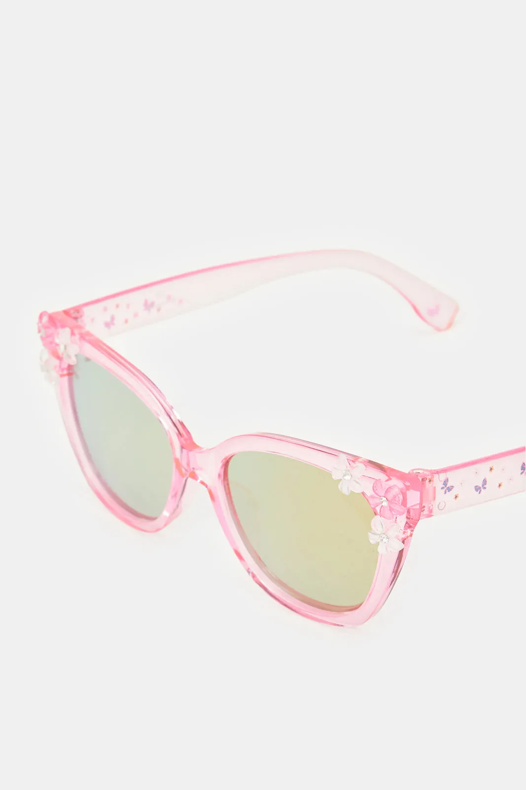 Girls Pink Wayfarer Floral Embellished Sunglasses