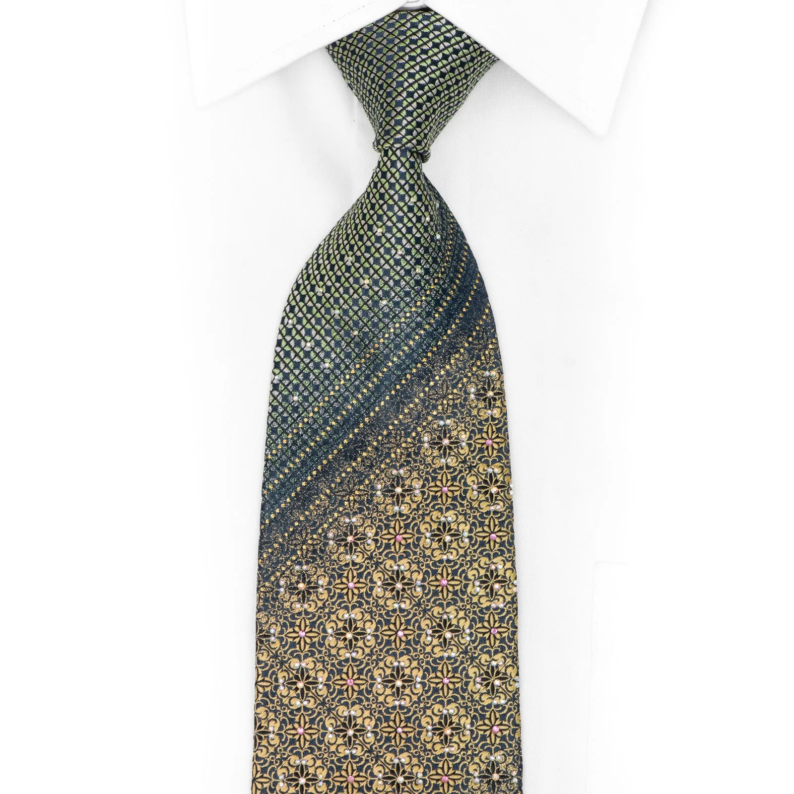 Gold Cartouche Green Geometric On Navy Rhinestone Silk Necktie With Gold Sparkles