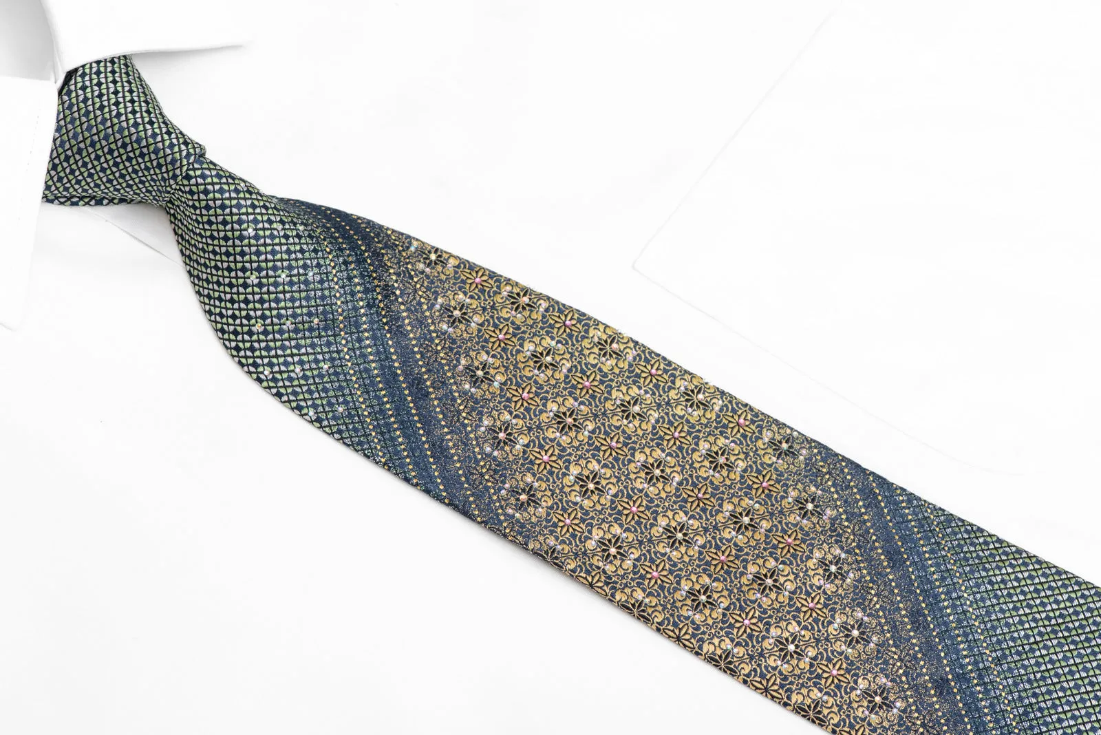 Gold Cartouche Green Geometric On Navy Rhinestone Silk Necktie With Gold Sparkles