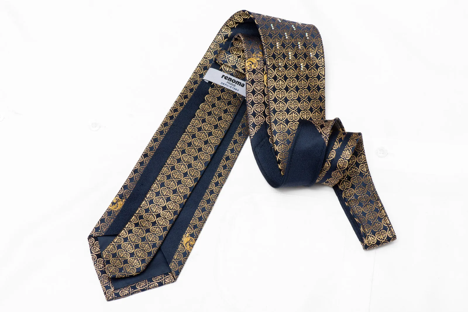 Gold Fleur De Lis On Navy Rhinestone Silk Tie With Gold Sparkles