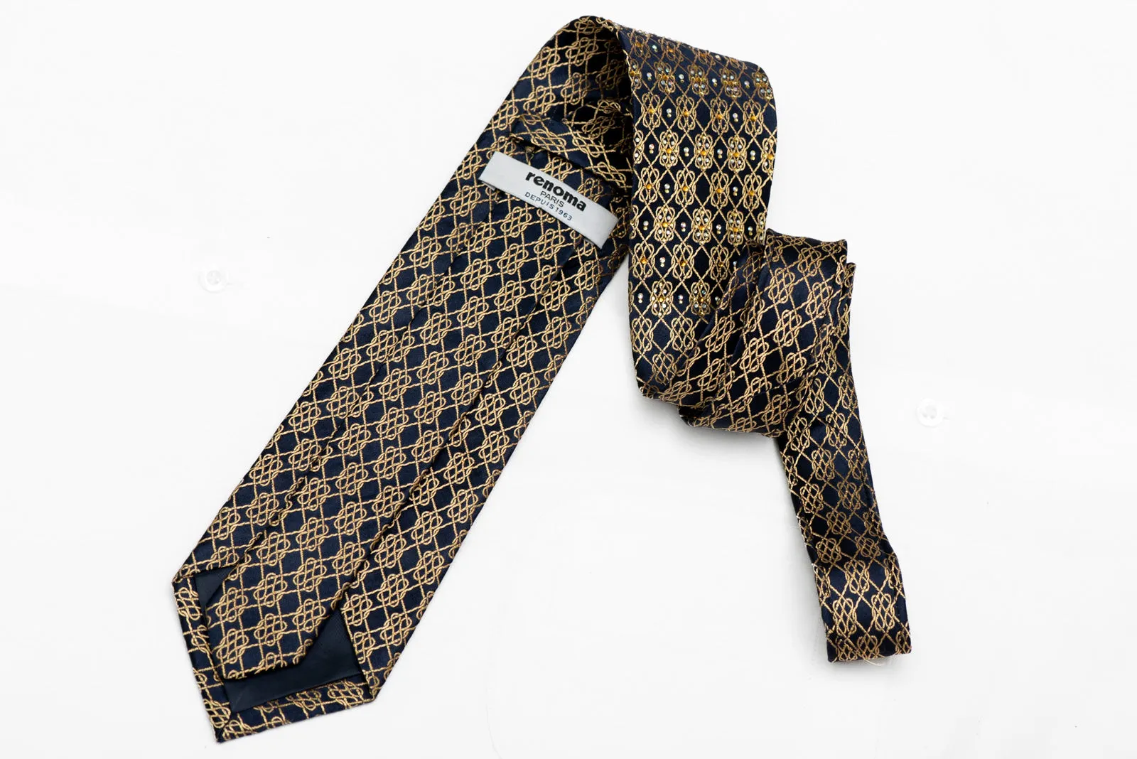 Gold Interlocking Chain On Navy Rhinestone Silk Necktie With Gold Sparkles