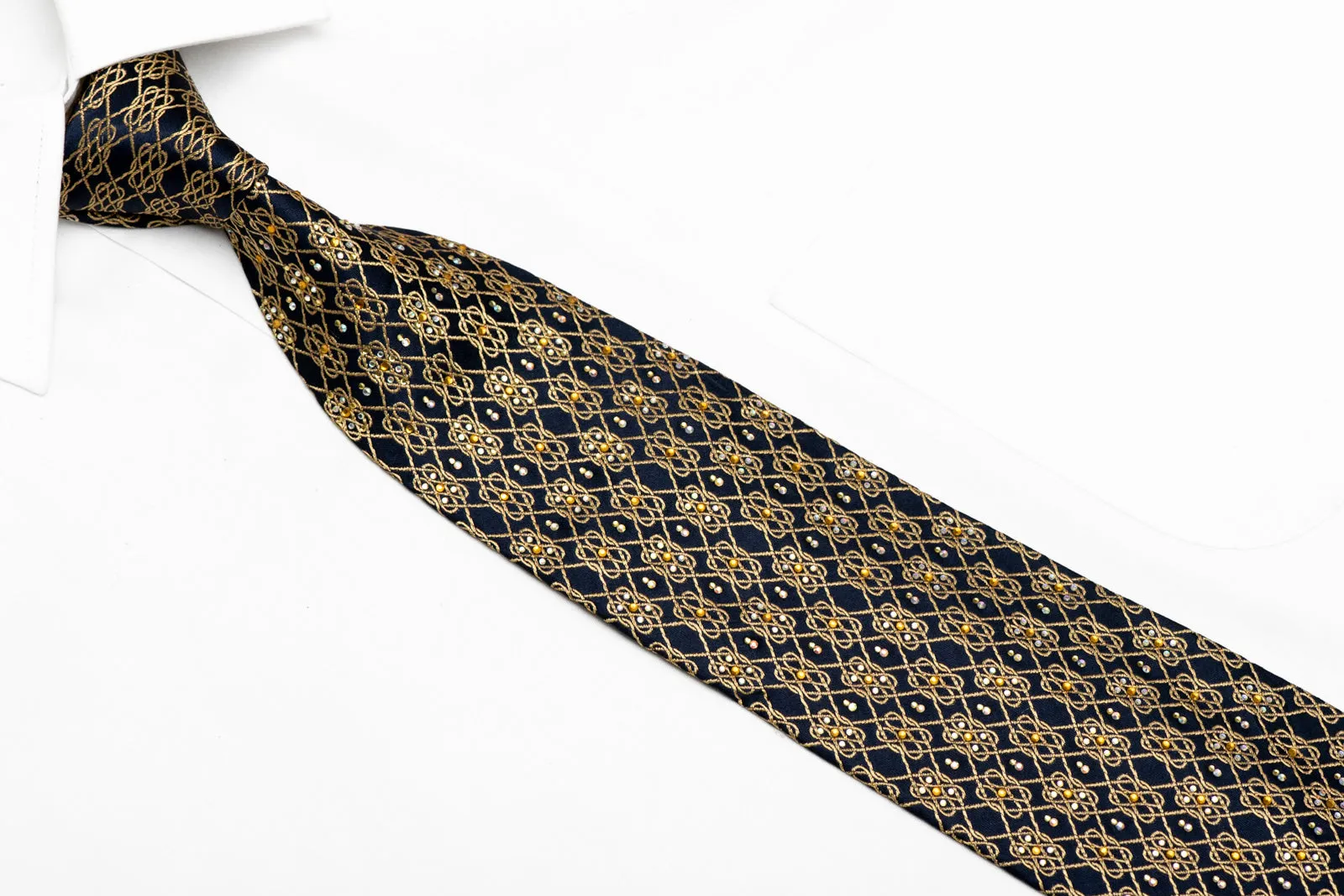 Gold Interlocking Chain On Navy Rhinestone Silk Necktie With Gold Sparkles