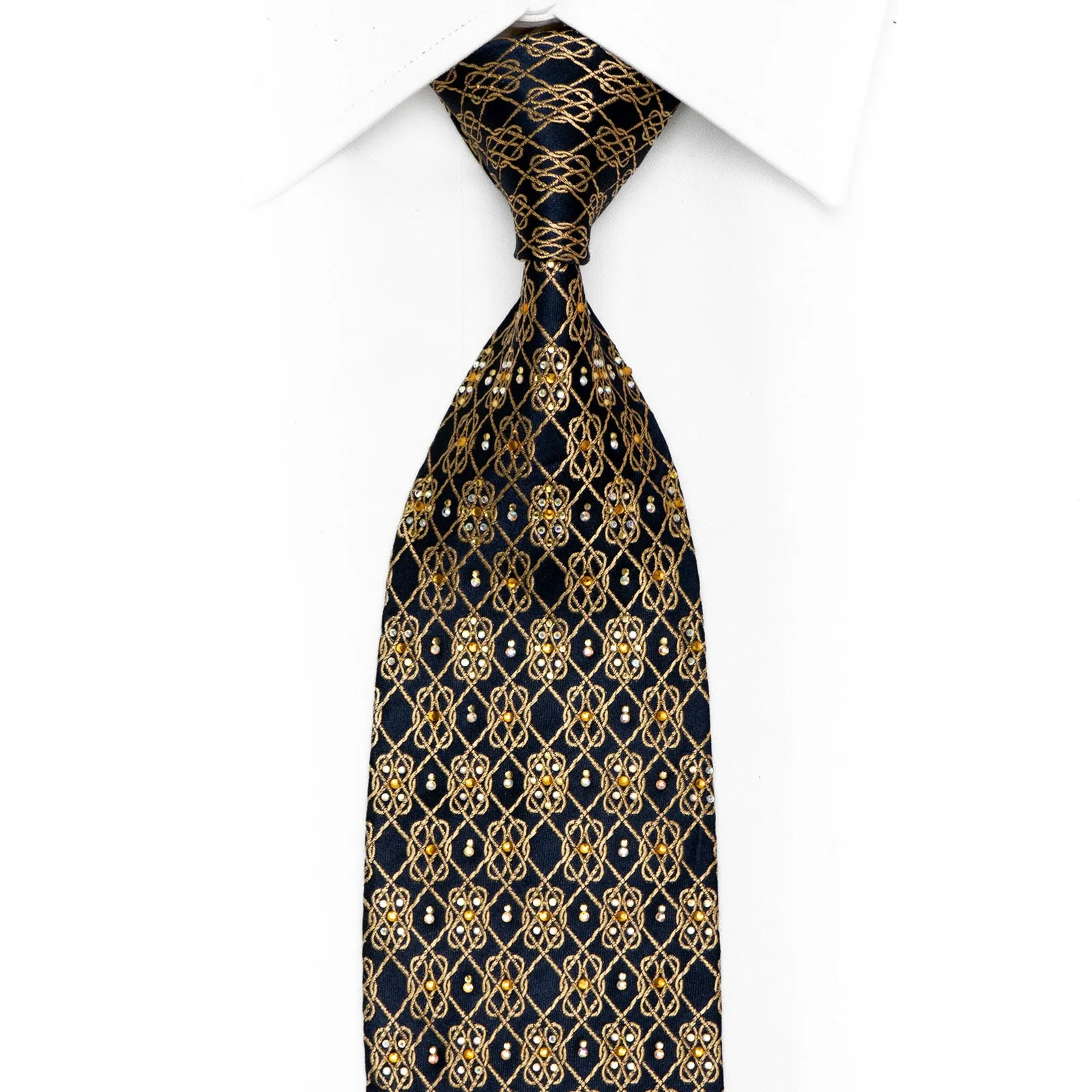 Gold Interlocking Chain On Navy Rhinestone Silk Necktie With Gold Sparkles