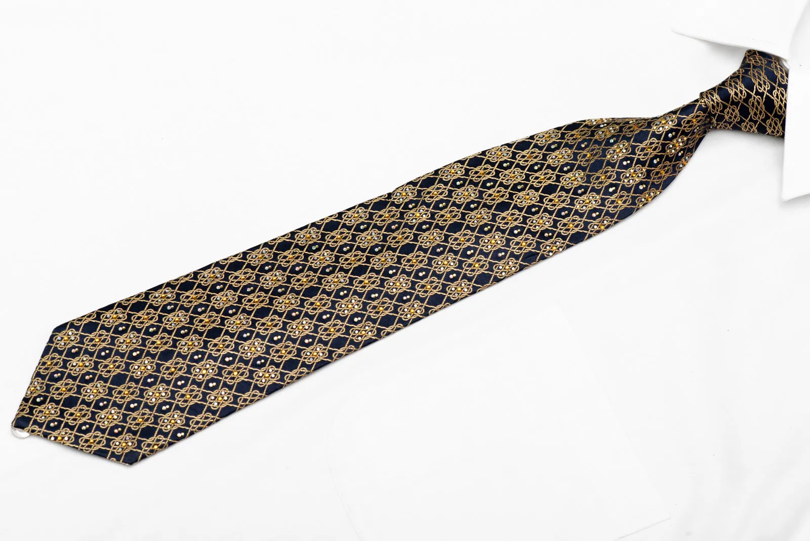 Gold Interlocking Chain On Navy Rhinestone Silk Necktie With Gold Sparkles