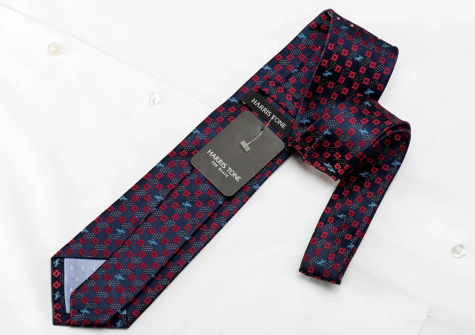 Harris Tone Men's Crystal Rhinestone Silk Necktie Red Micro Squares On Blue With Sparkles