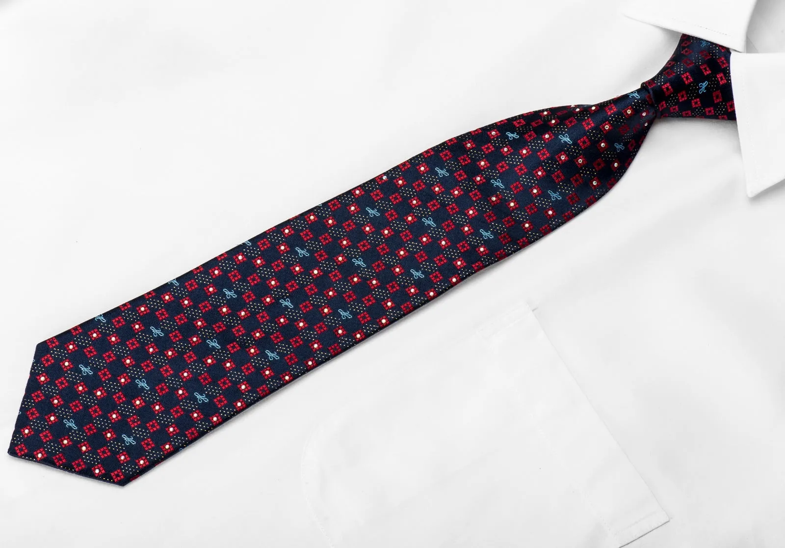 Harris Tone Men's Crystal Rhinestone Silk Necktie Red Micro Squares On Blue With Sparkles