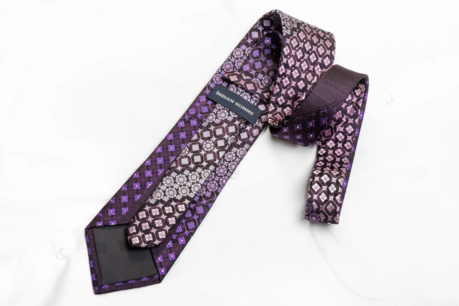 Indian Homme Men's Crystal Rhinestone Necktie Purple Geometric On Black With Sparkles