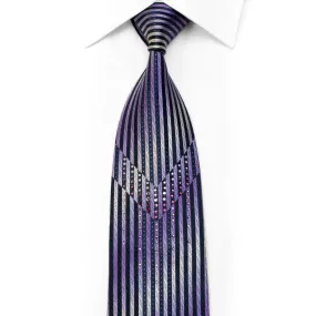 Indian Homme Rhinestone Silk Necktie Purple Navy Vertical Striped With Sparkles