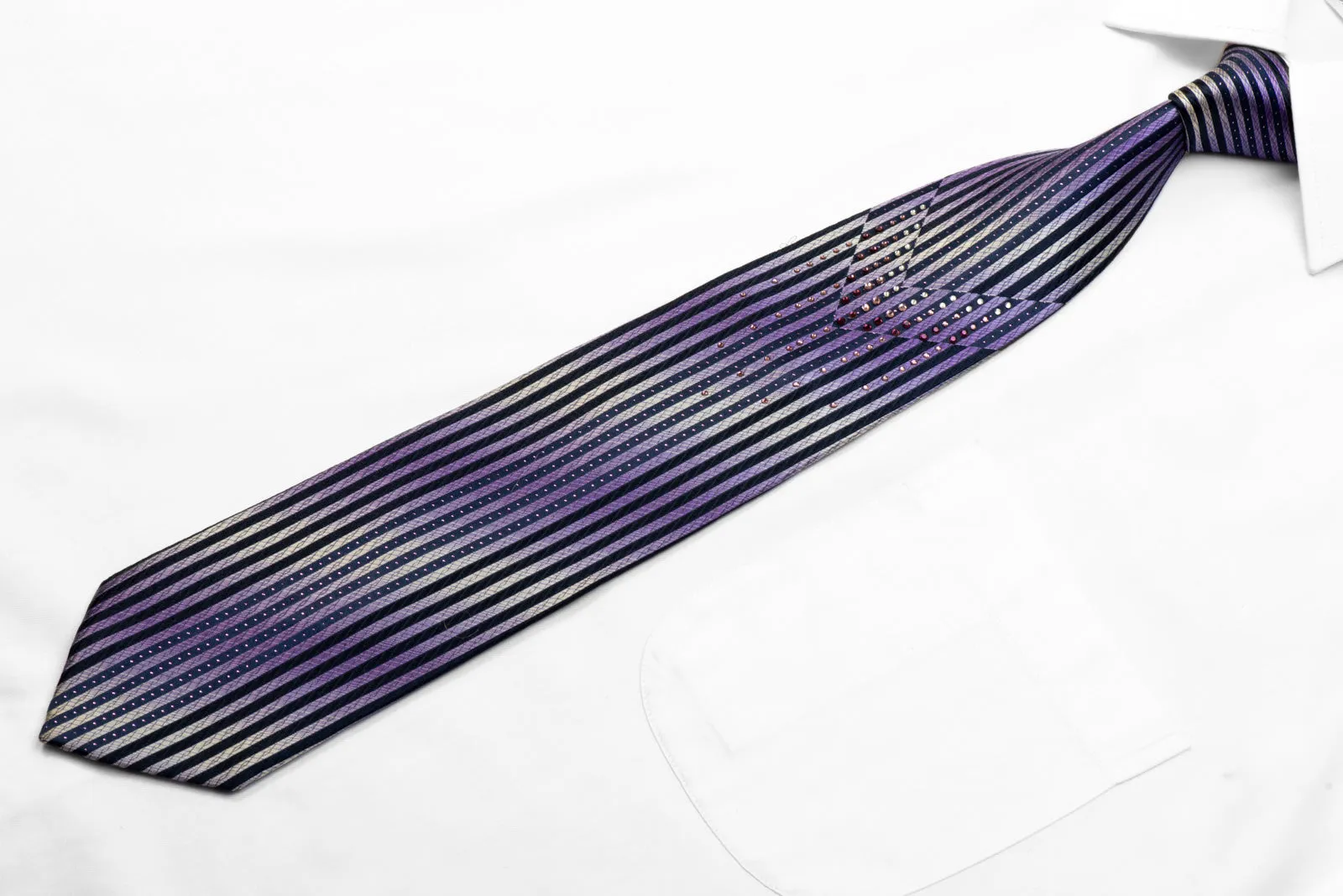 Indian Homme Rhinestone Silk Necktie Purple Navy Vertical Striped With Sparkles