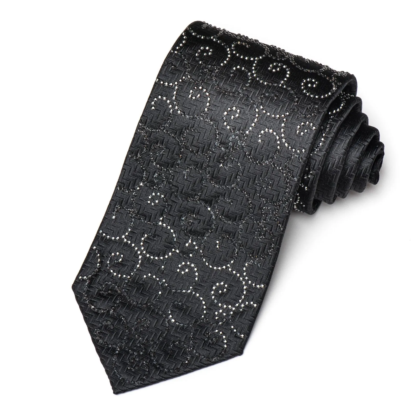 Lalanta Men's Rhinestone Tie Jet Black Crystal Rhinestones On Black Woven Silk