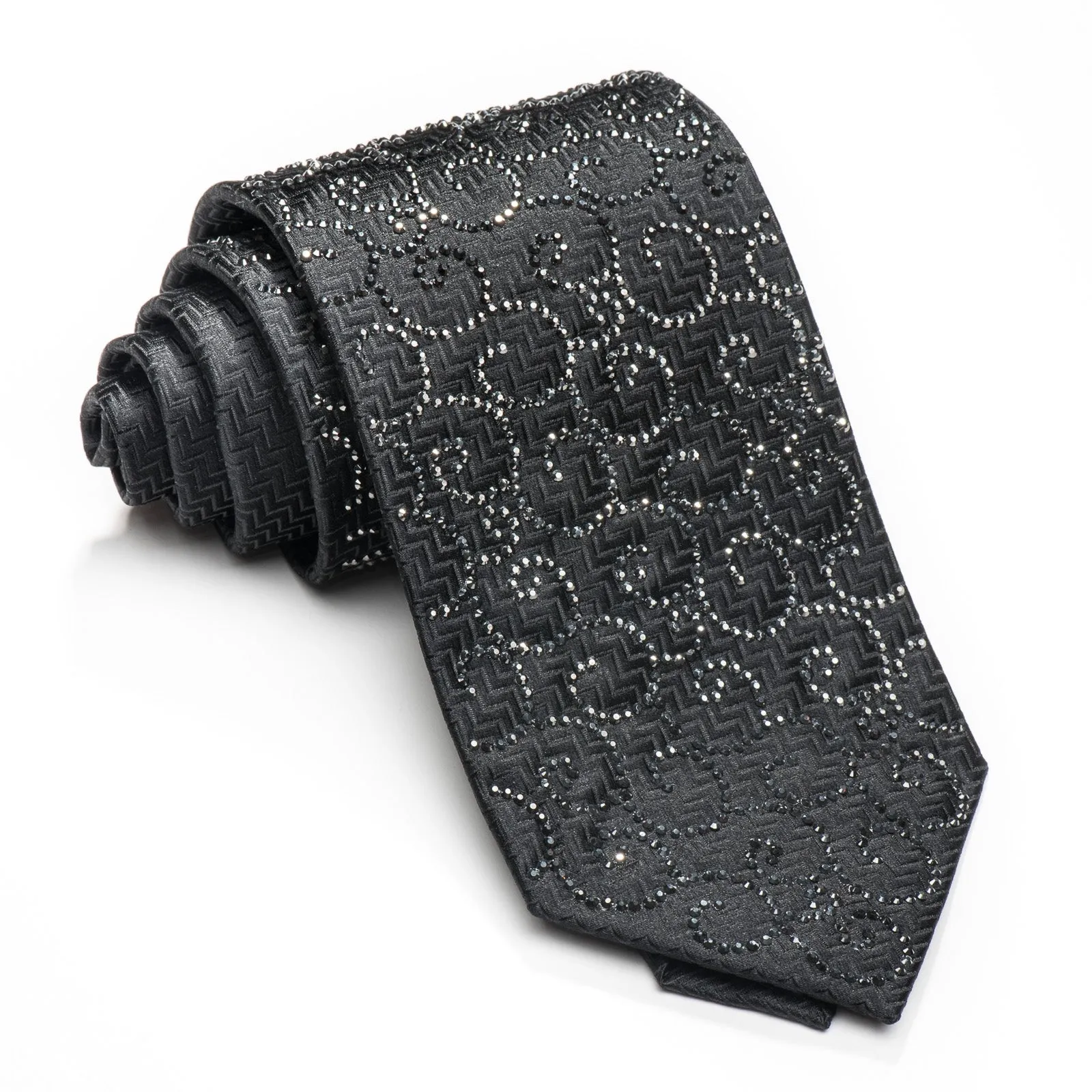 Lalanta Men's Rhinestone Tie Jet Black Crystal Rhinestones On Black Woven Silk