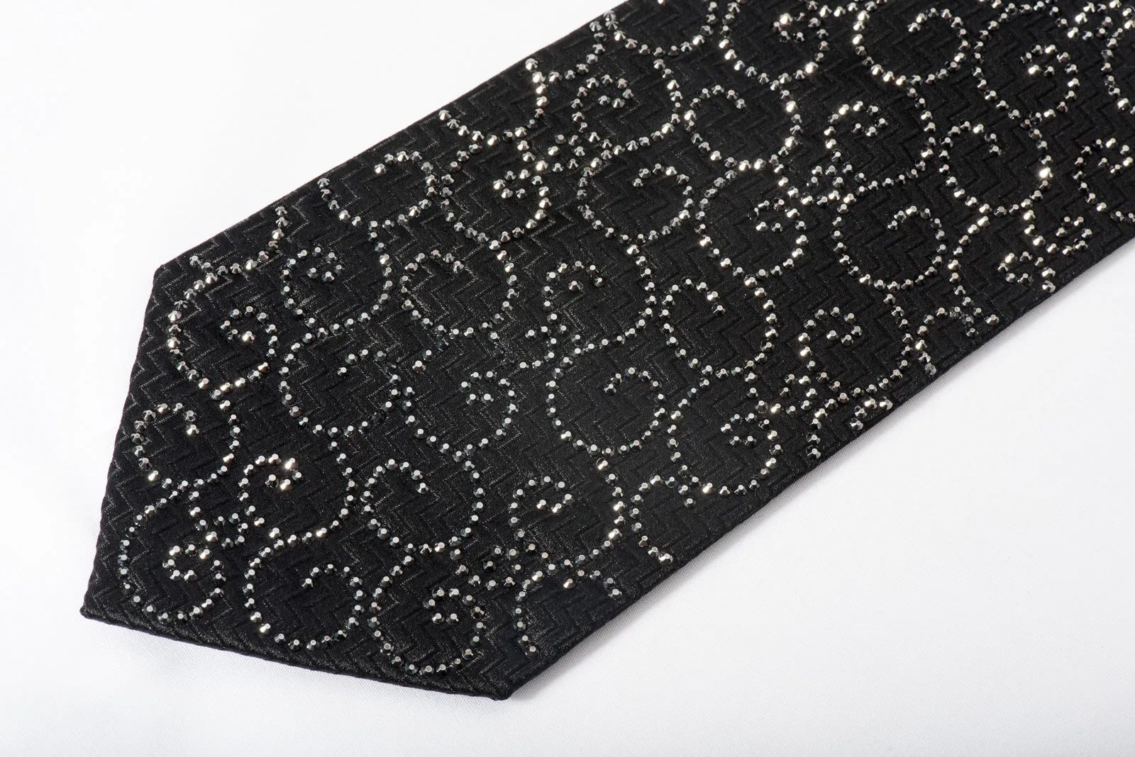 Lalanta Men's Rhinestone Tie Jet Black Crystal Rhinestones On Black Woven Silk