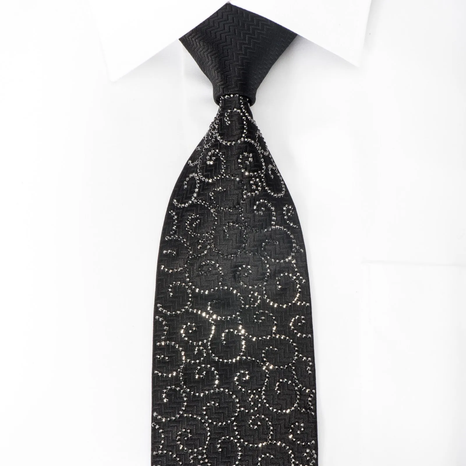 Lalanta Men's Rhinestone Tie Jet Black Crystal Rhinestones On Black Woven Silk