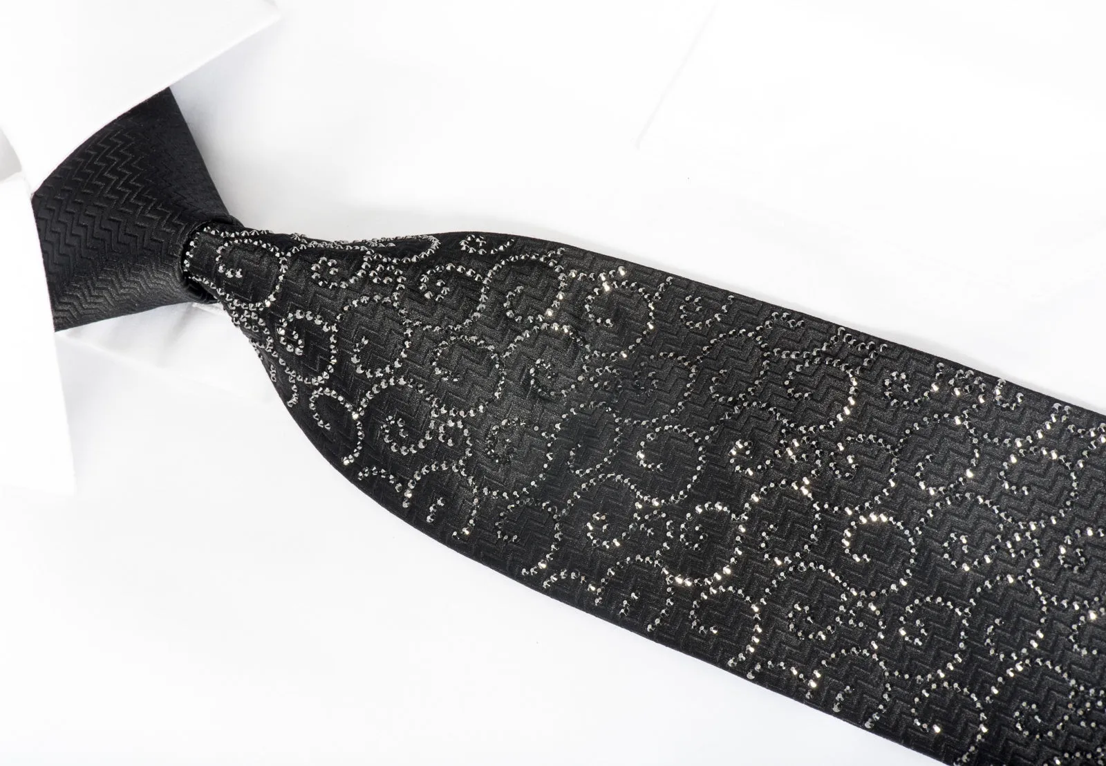 Lalanta Men's Rhinestone Tie Jet Black Crystal Rhinestones On Black Woven Silk