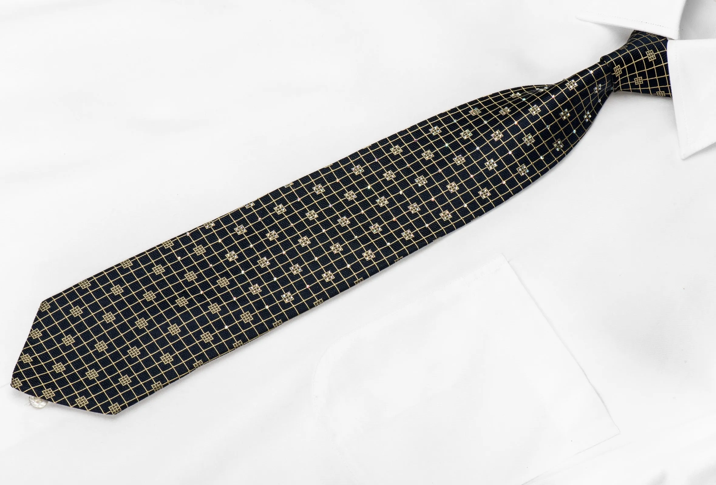 Louis Quatorze Men's Crystal Tie Golden Trellis On Navy Silk With Gold Sparkles