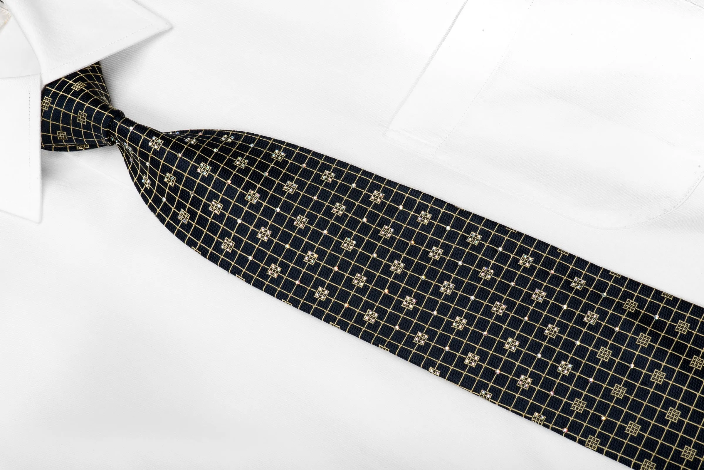 Louis Quatorze Men's Crystal Tie Golden Trellis On Navy Silk With Gold Sparkles