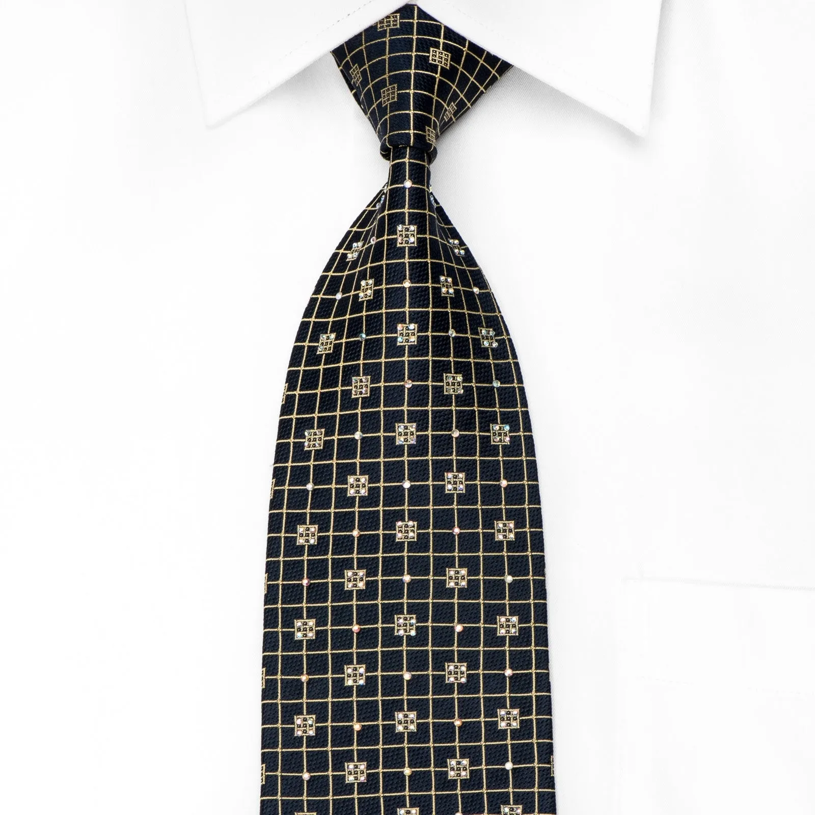 Louis Quatorze Men's Crystal Tie Golden Trellis On Navy Silk With Gold Sparkles