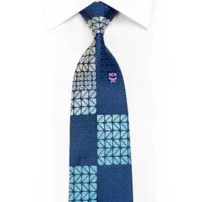 MCM Men's Silk Necktie Blue Geometric On Navy