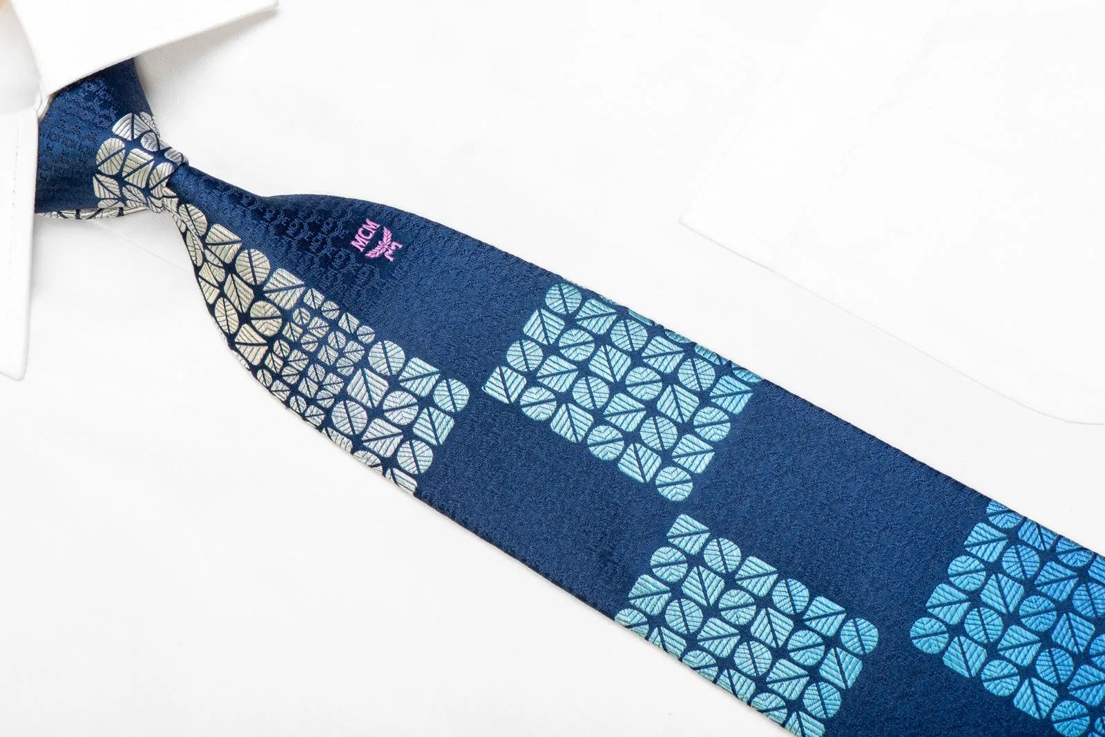 MCM Men's Silk Necktie Blue Geometric On Navy