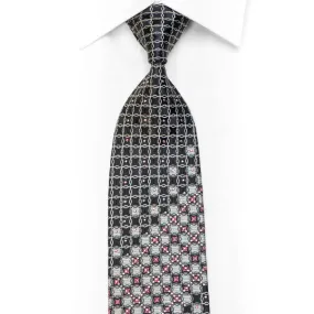 Men's Black Silk Necktie Silver Interlocking Chains On Black Silk With Rhinestones