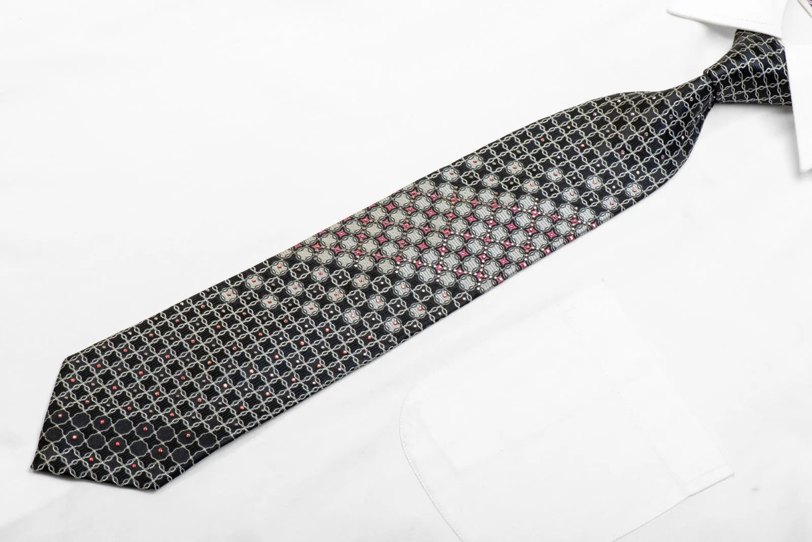 Men's Black Silk Necktie Silver Interlocking Chains On Black Silk With Rhinestones