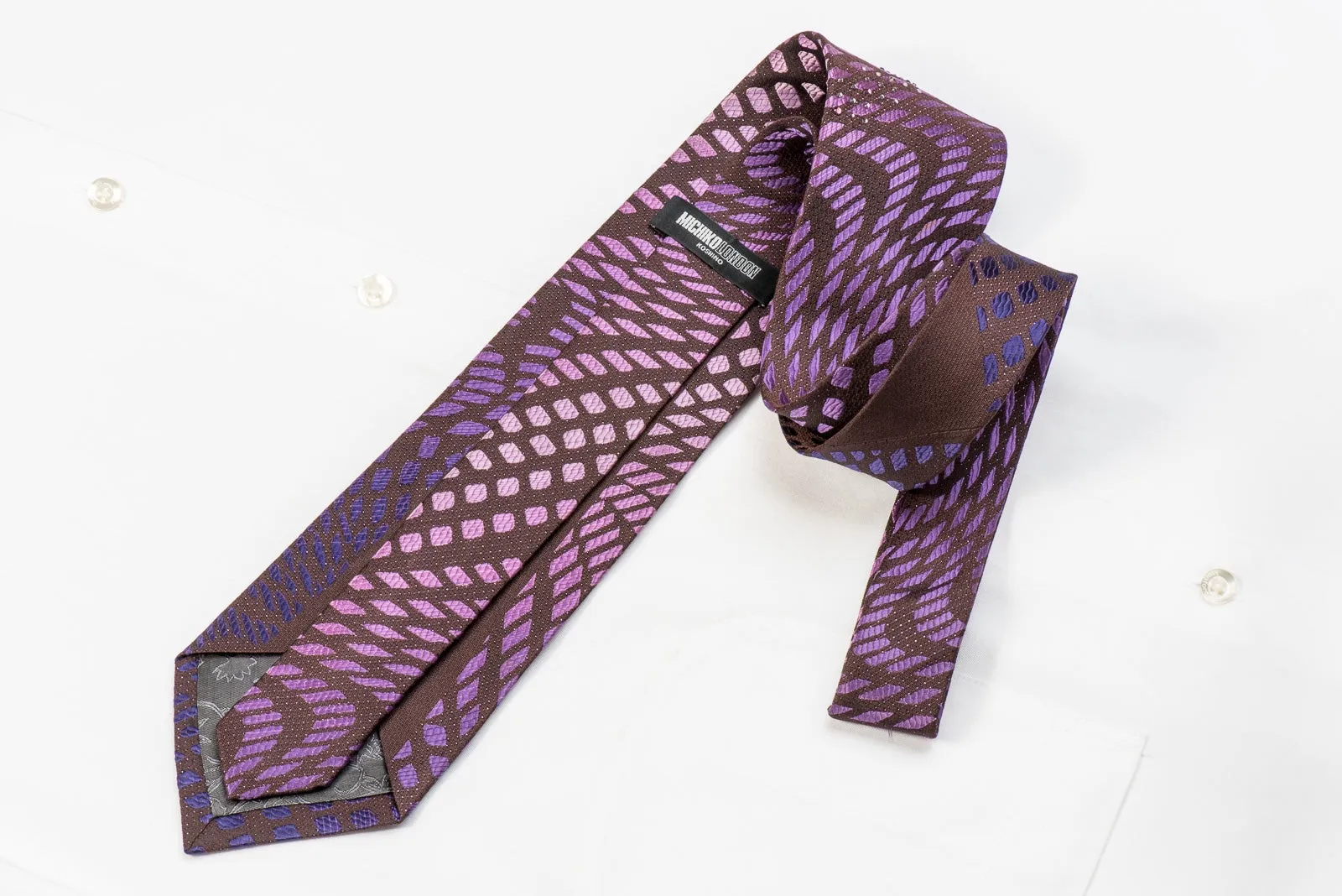 Men's Crystal Silk Necktie Purple Geometric On Brown With Purple Sparkles