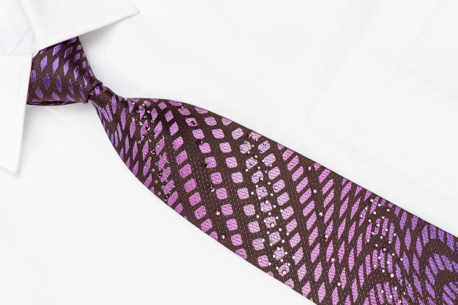 Men's Crystal Silk Necktie Purple Geometric On Brown With Purple Sparkles