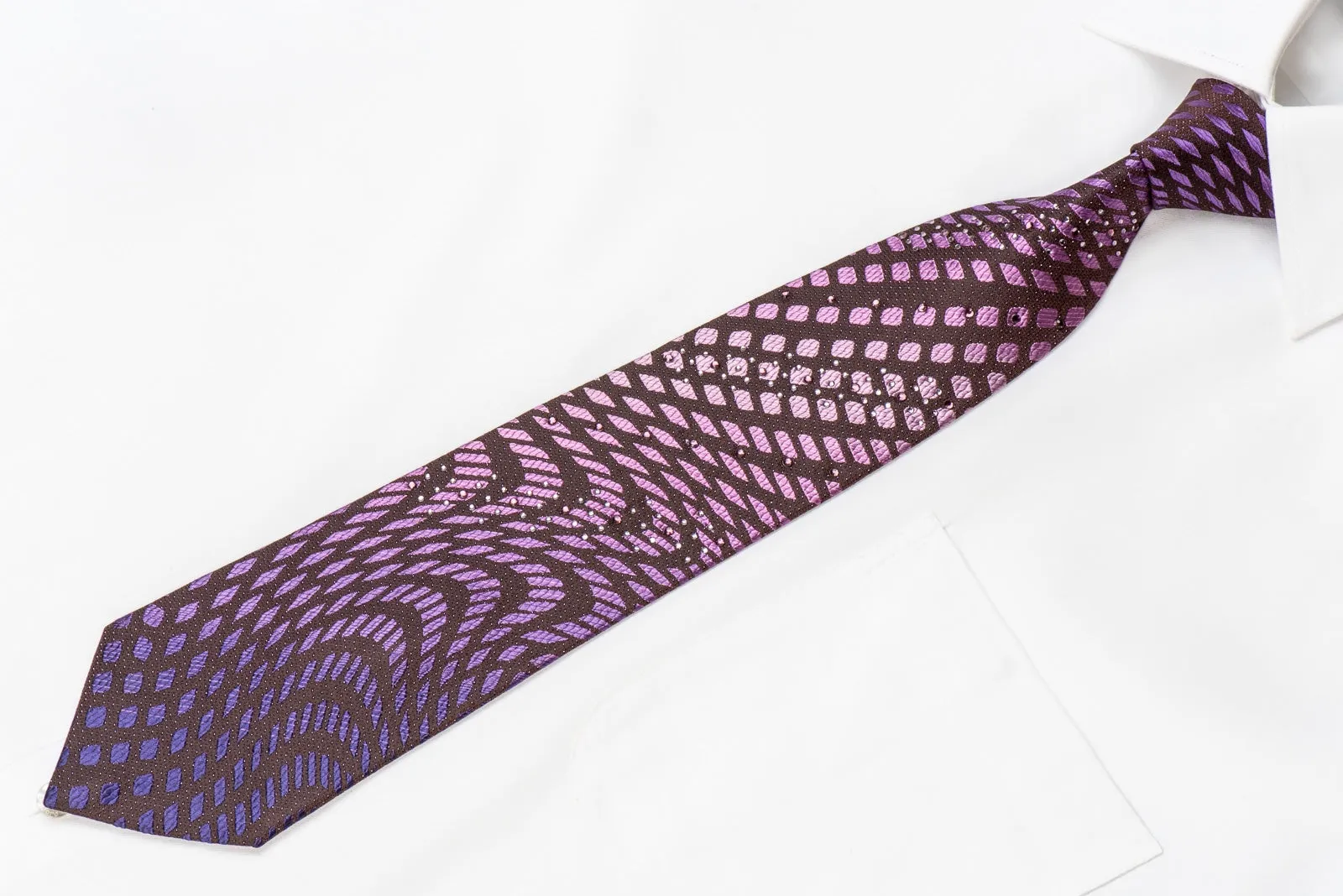 Men's Crystal Silk Necktie Purple Geometric On Brown With Purple Sparkles