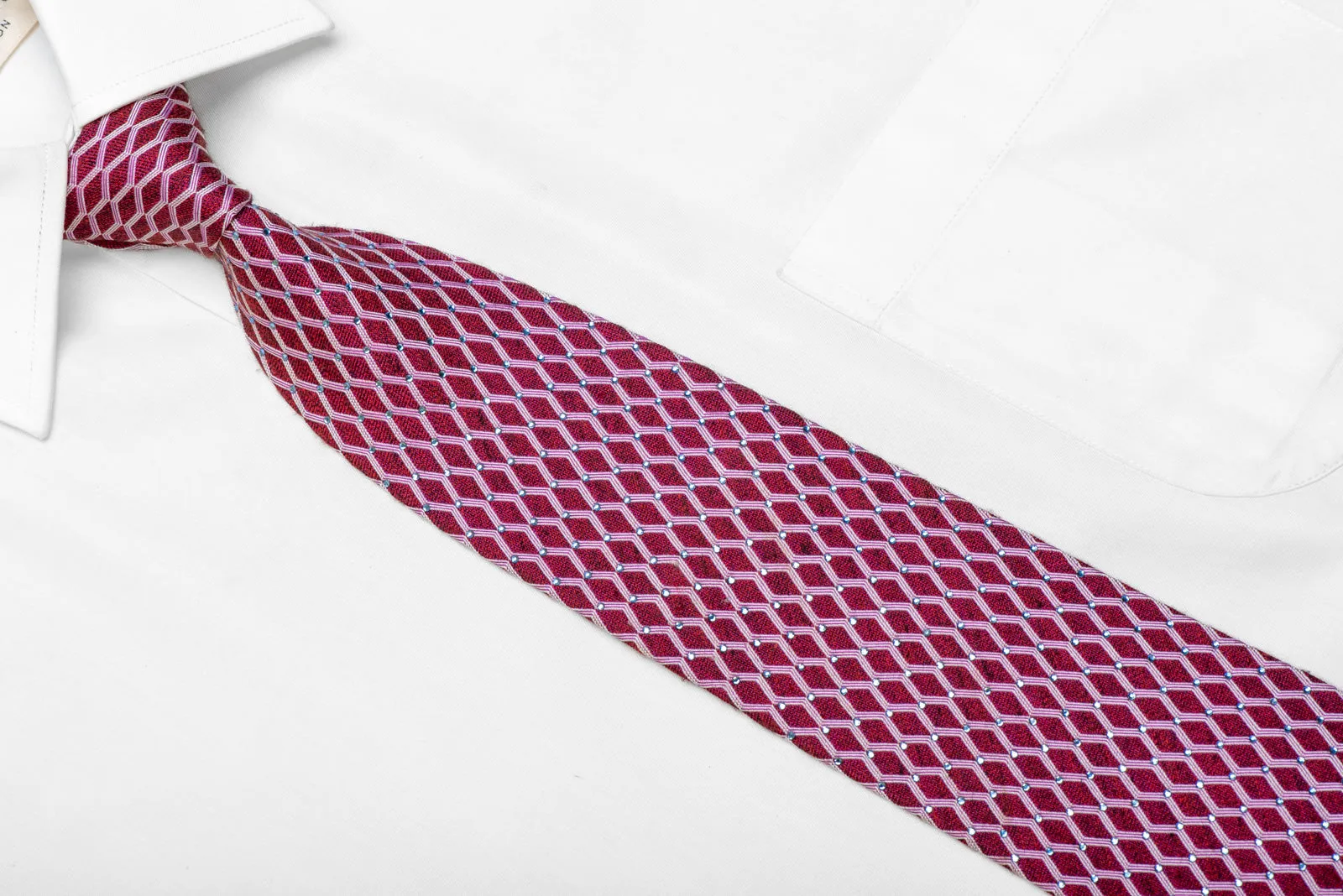 Men's Silk Necktie Silver Geometric On Burgundy With Blue Rhinestones