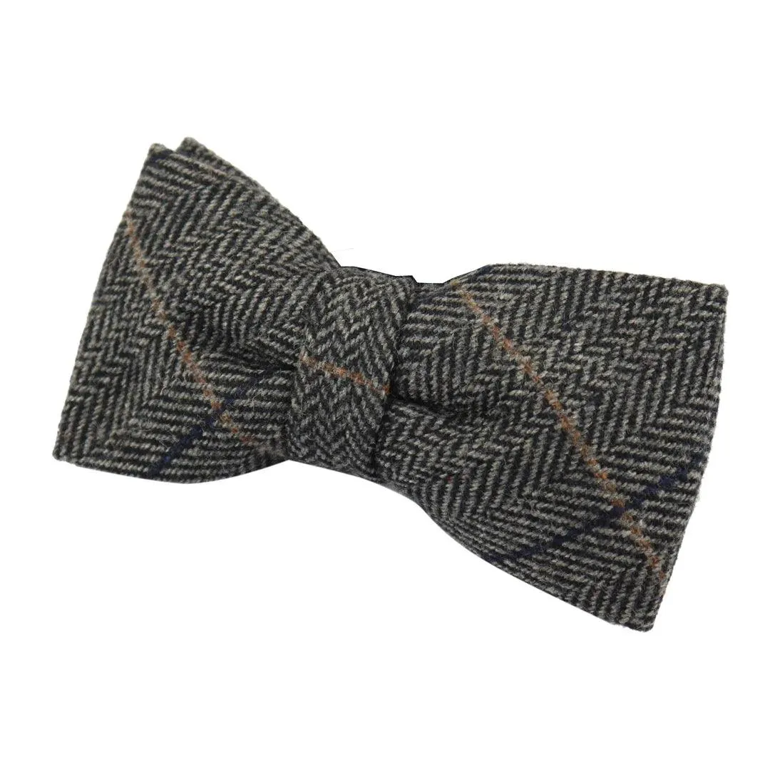 Mens Womens Boys Herringbone Tweed Bow Tie Check Tan Brown Grey Wool