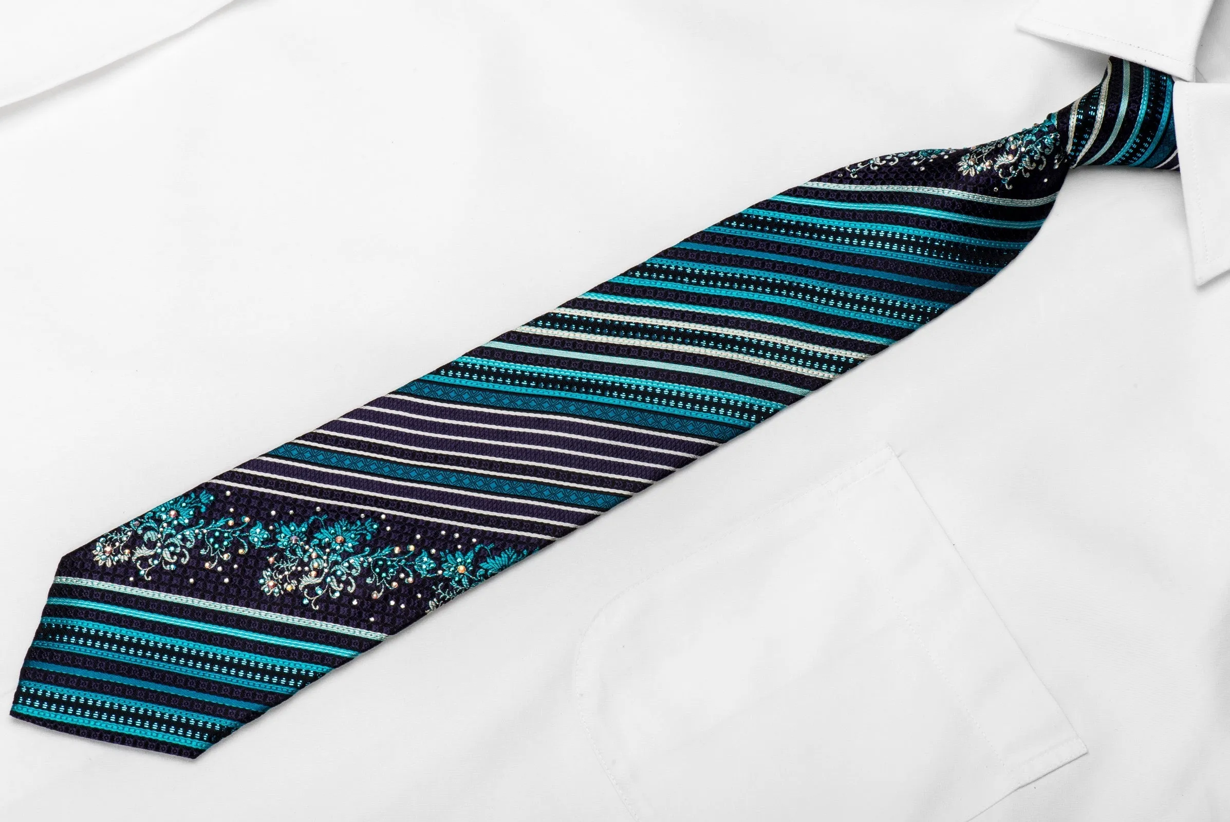 Metro City Men's Crystal Silk Necktie Turquoise Striped On Black With Sparkles