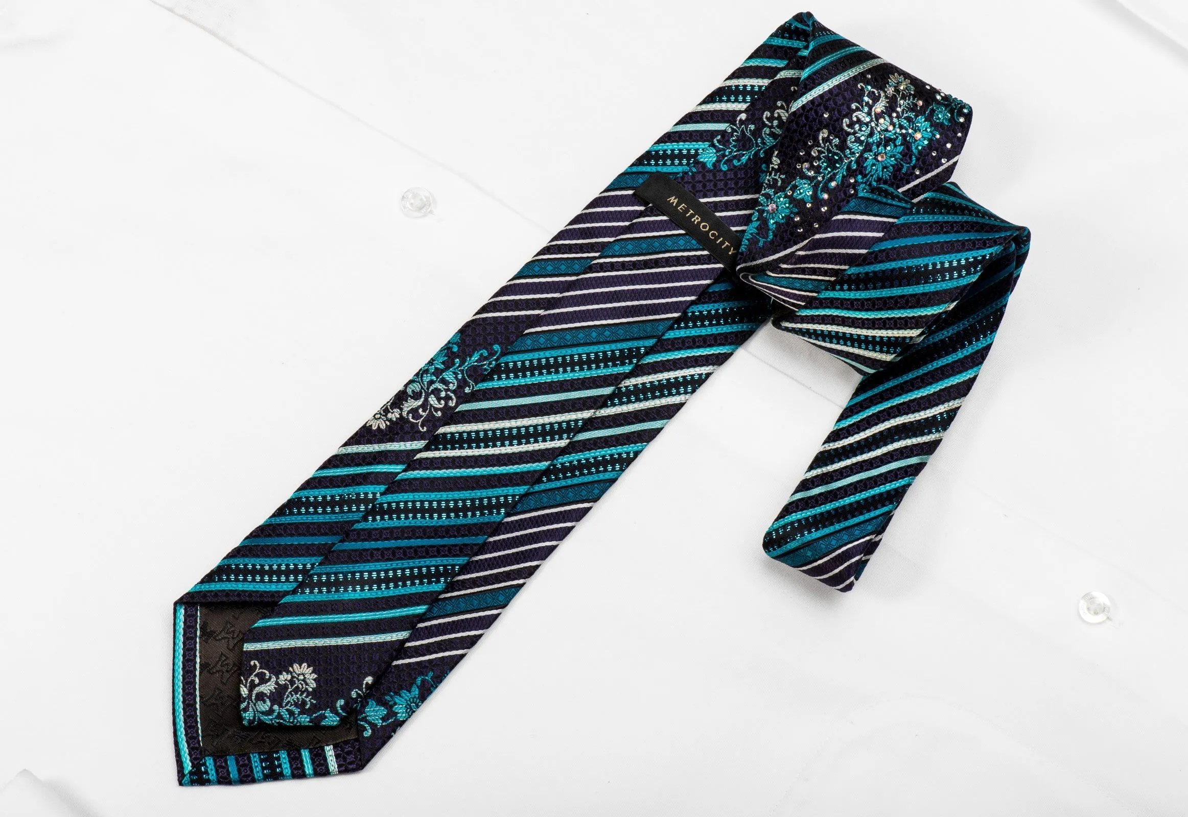 Metro City Men's Crystal Silk Necktie Turquoise Striped On Black With Sparkles