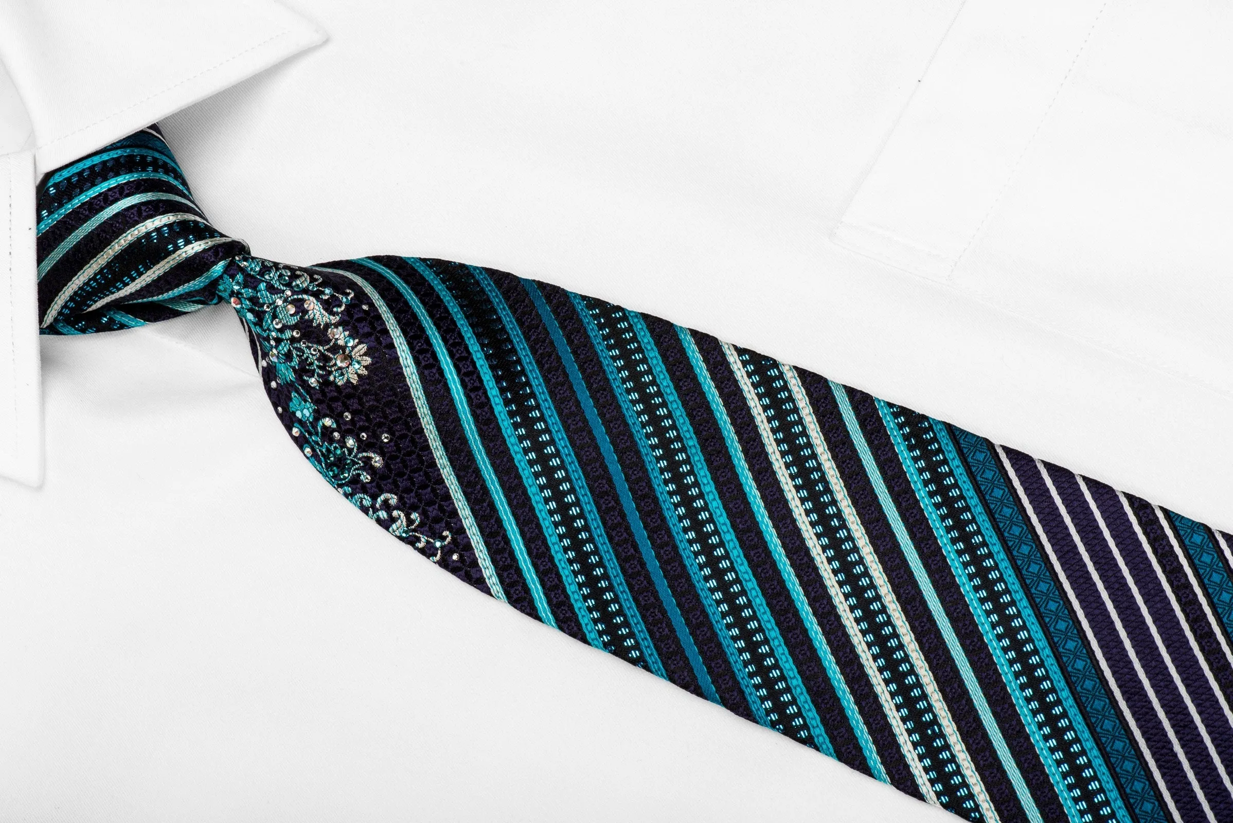 Metro City Men's Crystal Silk Necktie Turquoise Striped On Black With Sparkles