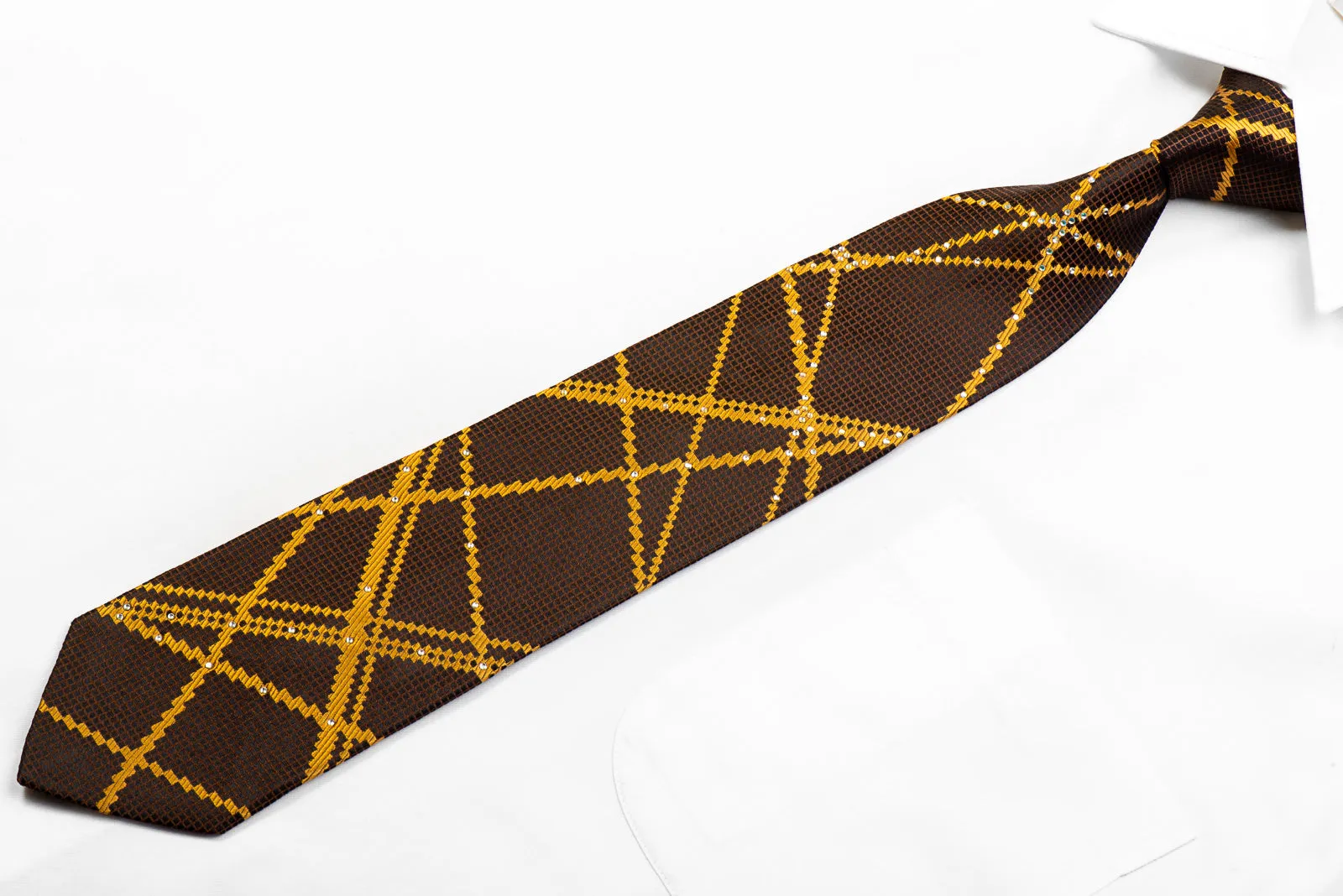 Metro City Rhinestone Silk Necktie Gold Geometric Stripes On Brown