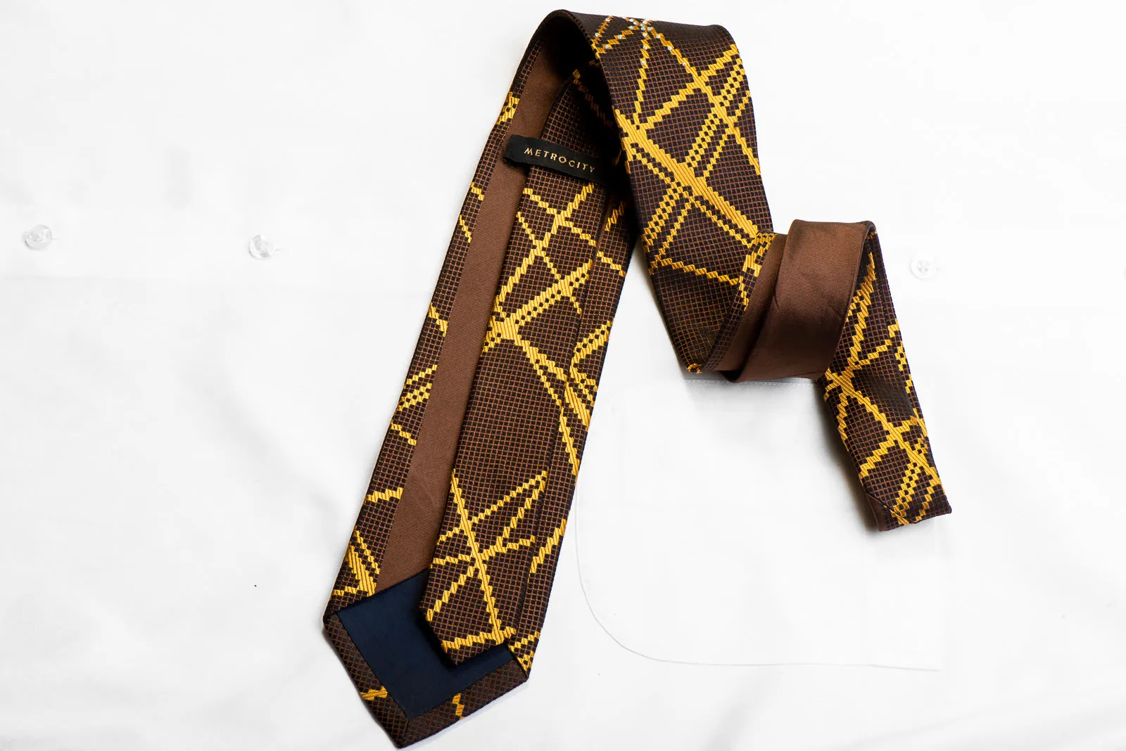 Metro City Rhinestone Silk Necktie Gold Geometric Stripes On Brown